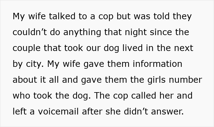 Text describing a wife reporting to police about her stolen dog taken by sister-in-law in a nearby city.