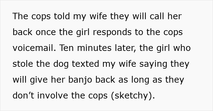 Text message conversation describing the stolen wife's dog situation involving sister-in-law and police communication.