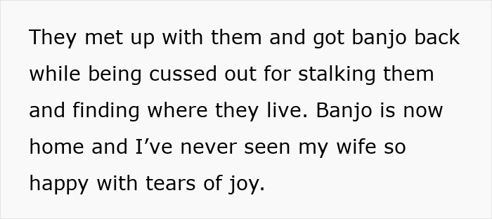 Person joyfully reunited with stolen wife&rsquo;s dog after confronting sister-in-law and getting Banjo back safely.