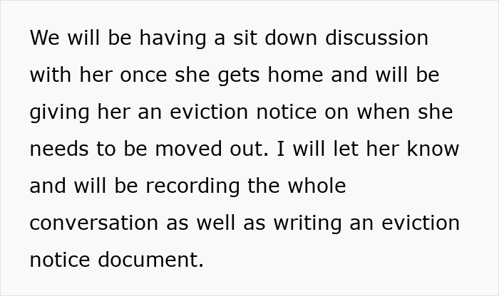 Text excerpt about giving eviction notice and recording conversation related to stolen wife's dog sister-in-law conflict.
