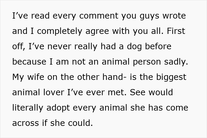 Text excerpt discussing a man's perspective on dogs and his wife's love for animals in a stolen wife's dog sister-in-law context.
