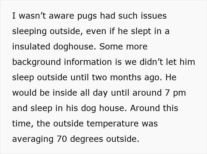 Text discussing pug sleeping issues outside in an insulated doghouse, related to stolen wife's dog sister-in-law story.