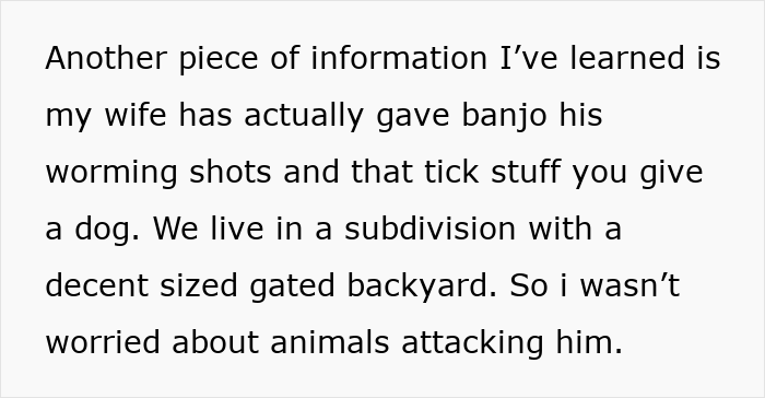 Text excerpt discussing dog care including worming shots and tick treatment in a gated backyard, related to stolen wife's dog sister-in-law.