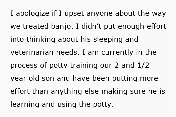 Apology statement about stolen wifes dog sister-in-law addressing pet care and training efforts.