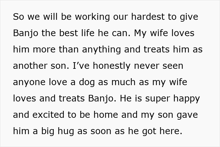 Text describing love and care for dog Banjo, highlighting wife's bond and family happiness after dog returned from sister-in-law.