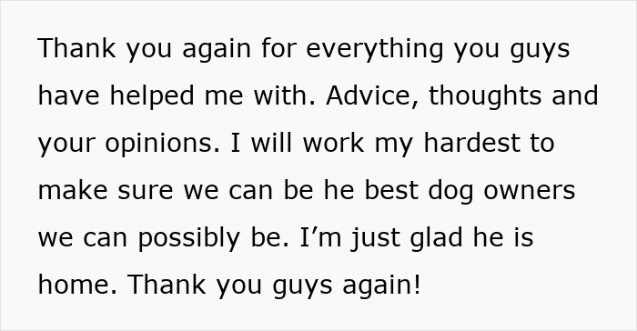 Alt text: Message expressing gratitude and commitment to being the best dog owners after recovering stolen wife's dog from sister-in-law.