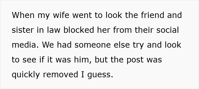 Text describing a wife blocked by sister-in-law on social media after stolen dog incident with tense family relations.