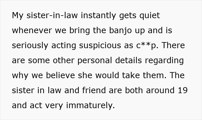 Text describing a suspicious sister-in-law acting immaturely, linked to a stolen wife&rsquo;s dog situation.