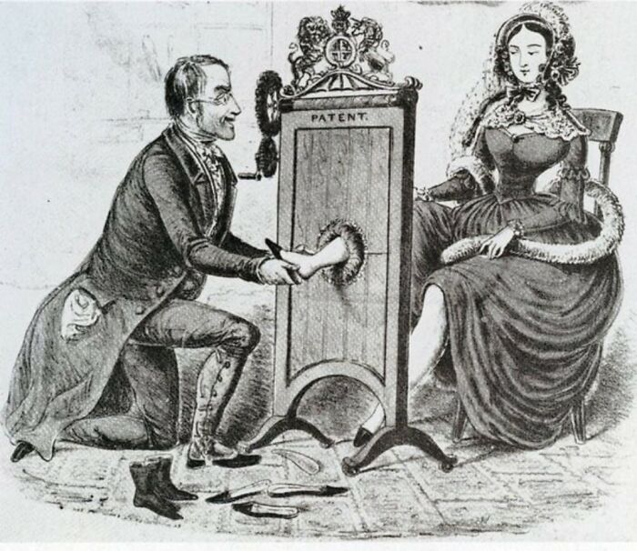 Vintage drawing of a man using an unusual device to interact with a woman, highlighting strange facts of our world.
