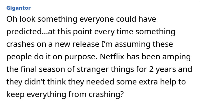 Fan comment discussing technical issues during the final season release of Stranger Things and possible intentional disruptions.