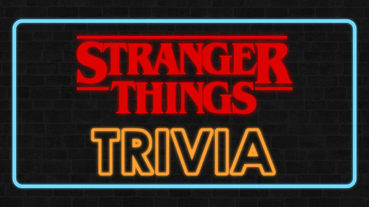 Stranger Things trivia neon sign with glowing red letters and orange text against a dark brick wall background.