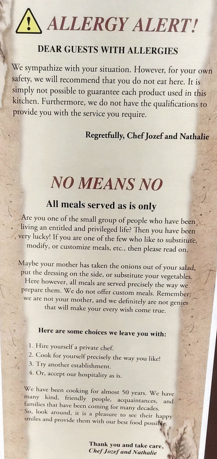 Allergy alert sign warning guests no meal modifications allowed at the restaurant in funny stupid food memes for stupid people.