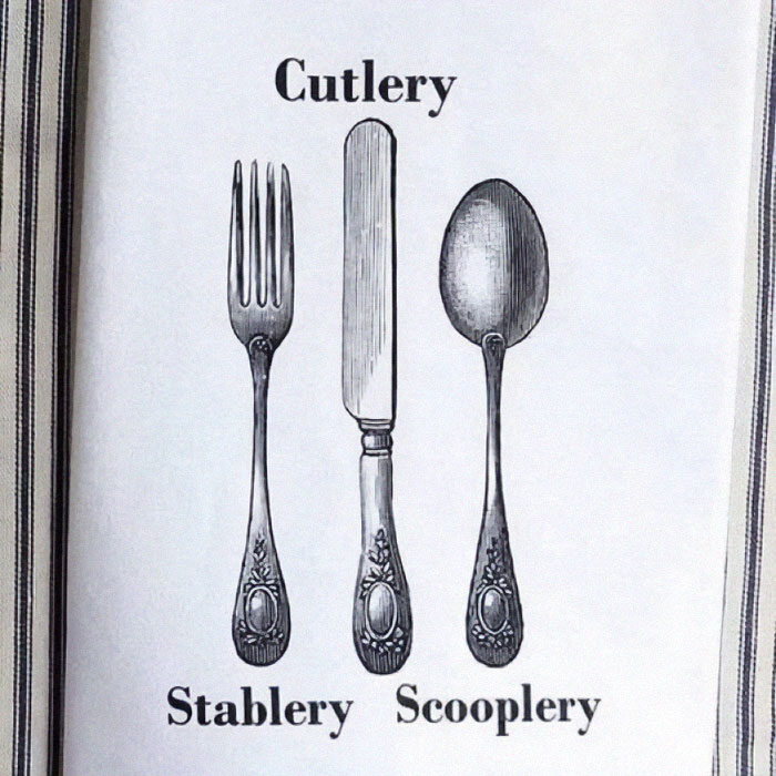 Illustration of cutlery with humorous labels stabler and scooplery in a food meme for stupid people.