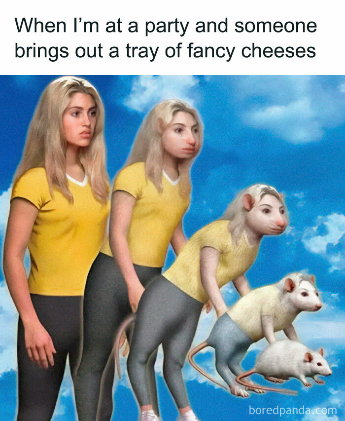 Woman in yellow shirt transforming into a rat, illustrating a funny stupid food meme about fancy cheeses at a party.