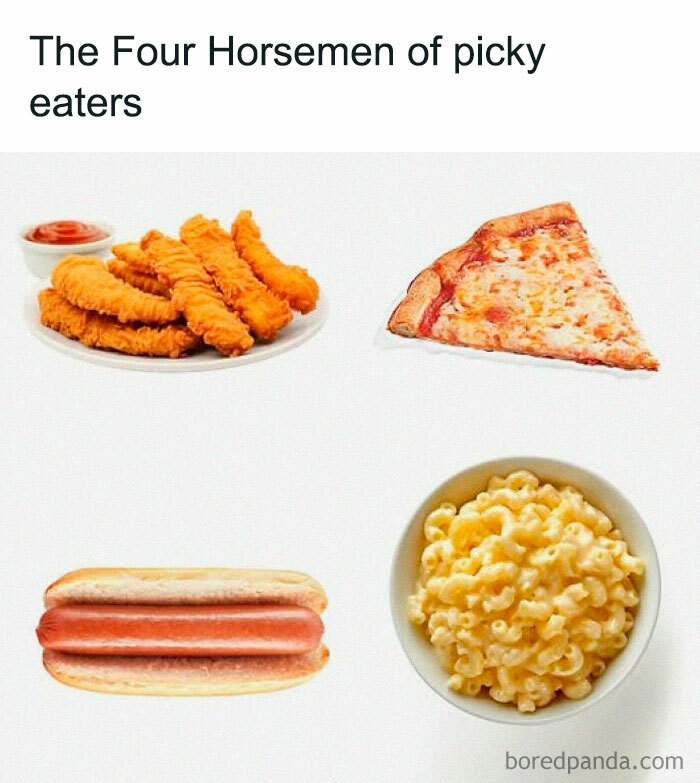 Four common picky eater foods including chicken tenders, pizza slice, hot dog, and macaroni bowl in a stupid food memes context