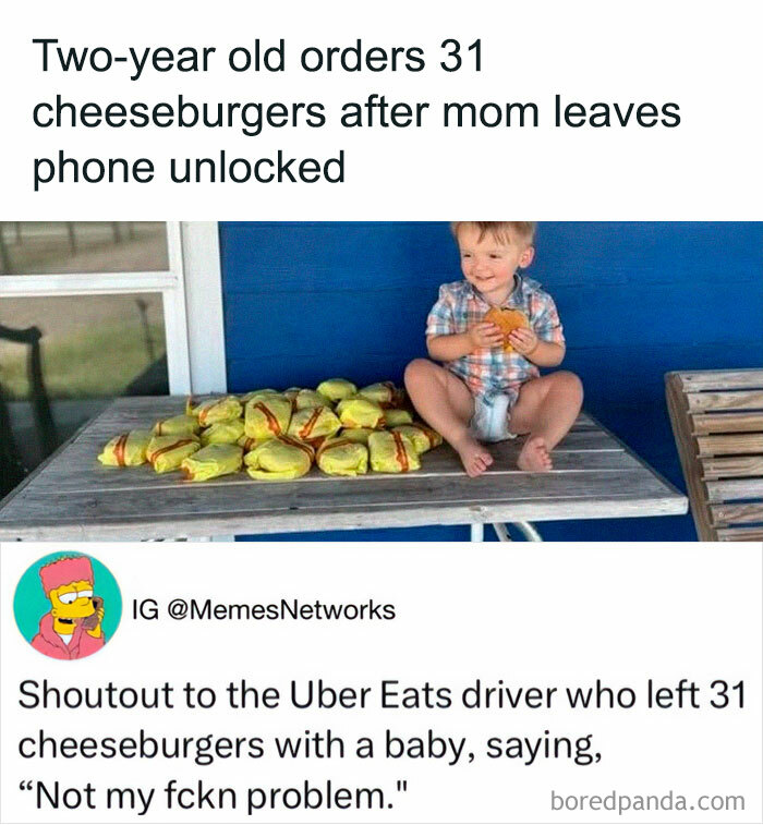 Toddler sitting beside 31 cheeseburgers on table, illustrating stupid food memes for stupid people humor.