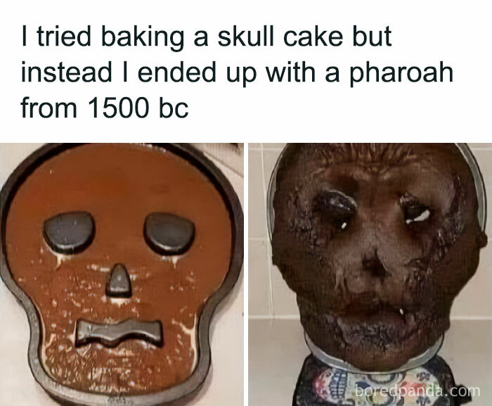 Funny stupid food meme showing a failed skull cake that resembles an ancient pharaoh from 1500 BC.