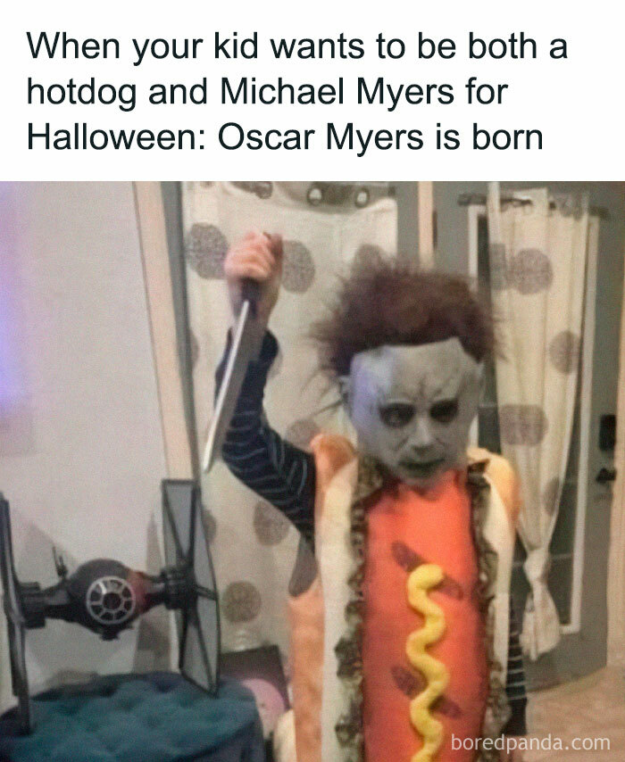 Child dressed as a hotdog and Michael Myers mashup costume holding a knife, featured in stupid food memes for stupid people.