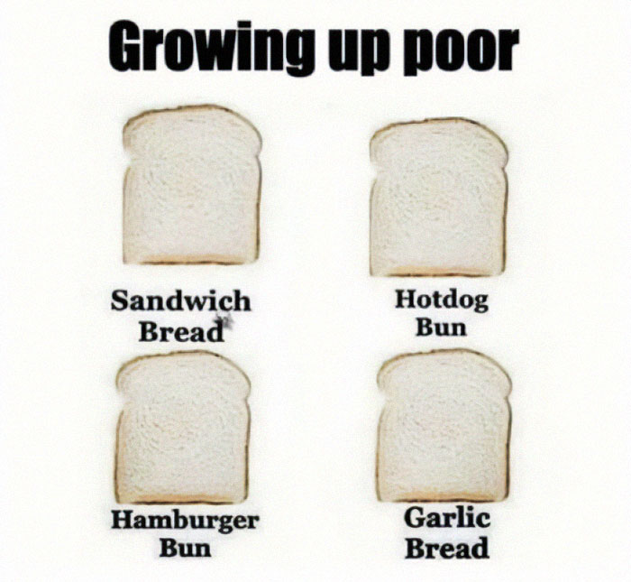 Four slices of plain bread labeled as sandwich bread, hotdog bun, hamburger bun, and garlic bread in a stupid food meme.