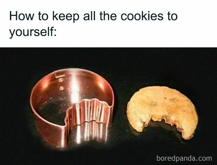 Text meme showing a cookie cutter missing a large bite, humorously about keeping cookies to yourself, related to stupid food memes.