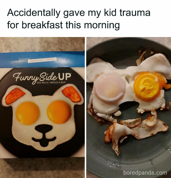Funny side up egg mold vs failed attempt creating a dog face breakfast, featured in stupid food memes for stupid people.
