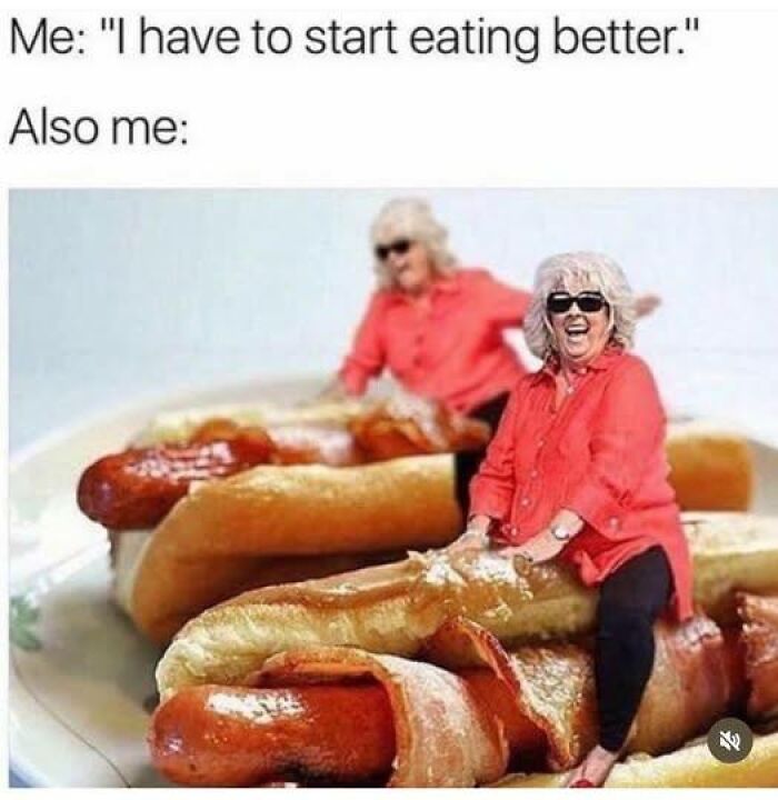 Woman in red shirt photoshopped riding giant bacon-wrapped hot dogs, illustrating stupid food memes for stupid people humor.