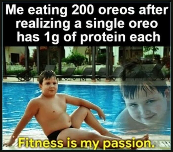 Boy lounging by a pool with a humorous caption about eating 200 Oreos and fitness, featured in stupid food memes.