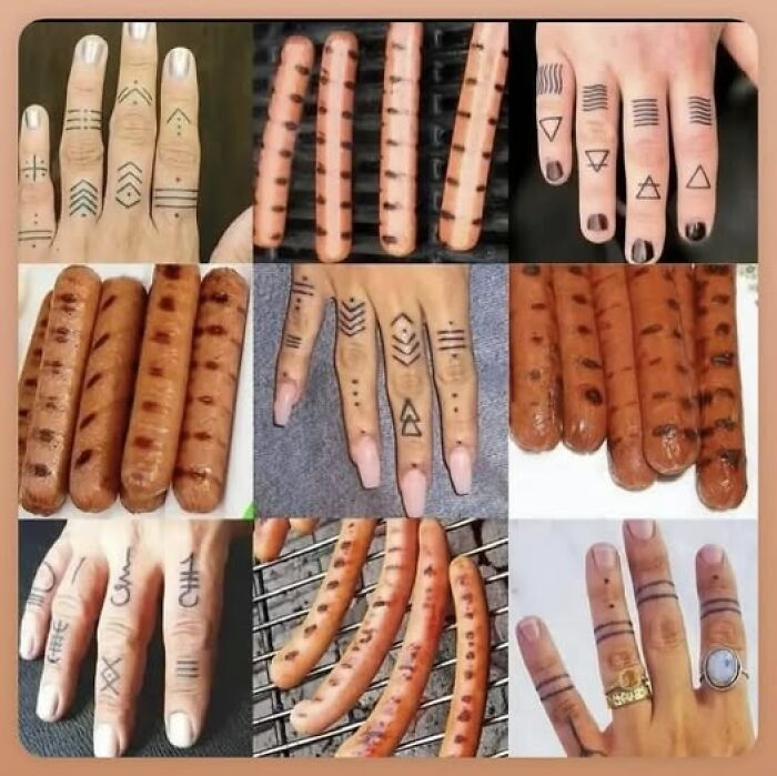 Multiple images showing fingers with grilled hot dog marks and simple line tattoos, blending food memes with body art humor.