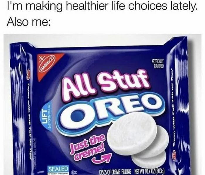 Meme showing an Oreo package labeled All Stuf Oreo with only creme, highlighting stupid food memes for stupid people.