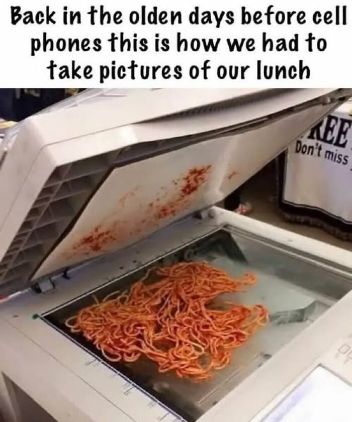 Old school method of capturing food photos using a scanner, featuring spaghetti, in stupid food memes humor.