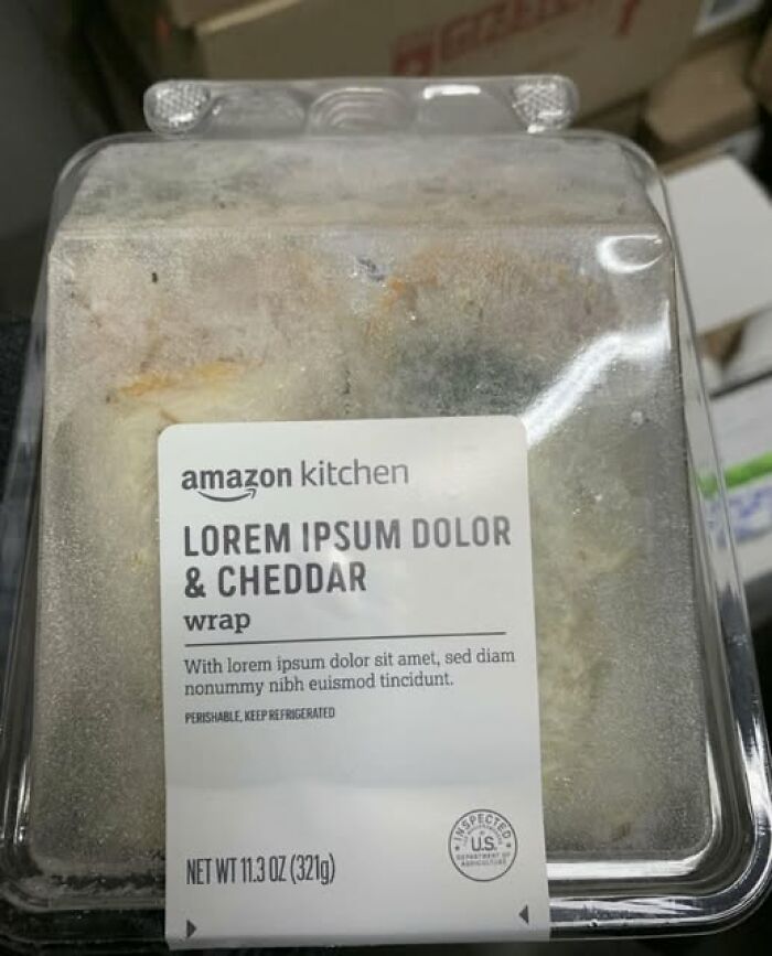 Frozen packaged Amazon kitchen wrap with placeholder text, a clear container showing an unappetizing food item inside.