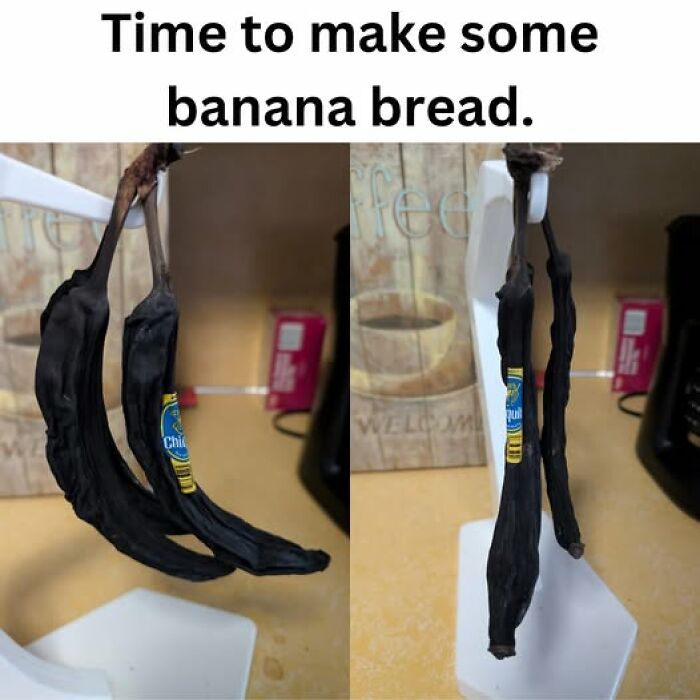 Overripe black bananas hanging on a white holder with text about making banana bread, featured in stupid food memes.