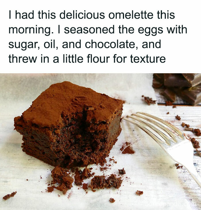 Chocolate omelette meme with unappetizing recipe, featuring a messy fork and crumbled dessert on a white surface.