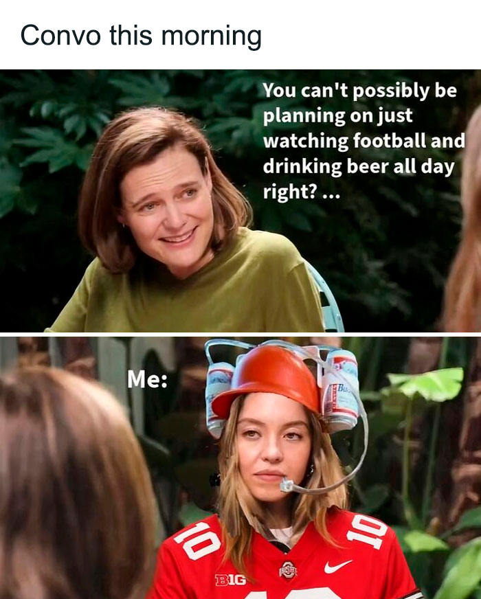 Woman in a red football jersey and beer helmet responding to a conversation, meme inspired by Sydney Sweeney's controversial interview.
