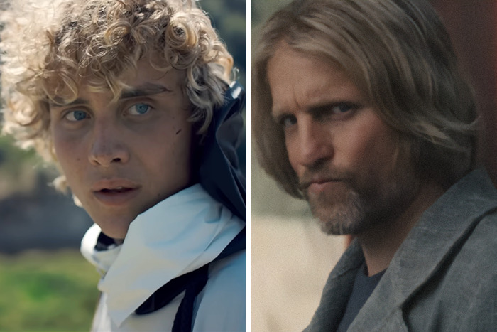 Side-by-side look at iconic Hunger Games characters and actors playing them in the new film, featuring close-up portraits.