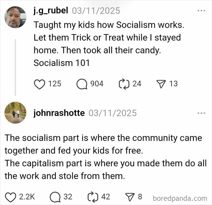 Social media exchange humorously explaining socialism and capitalism with a failed trick-or-treat parenting attempt.