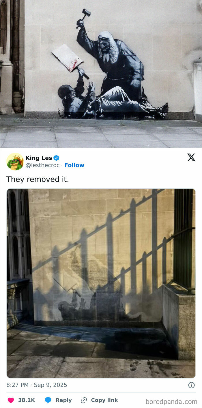 Street art depicting a judge attacking a man, with part of the image removed, showing attempt fail pics concept.