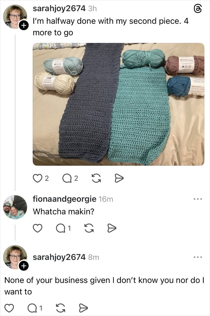 Crochet project fail with two uneven pieces and yarn, showing there was an attempt with funny fail pics.
