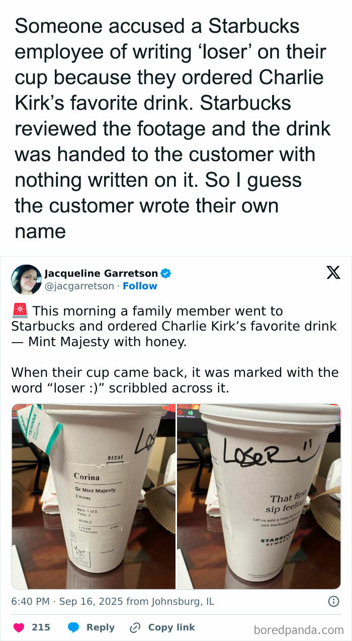 Starbucks cup with the word loser written on it, a failed attempt at insulting a customer’s drink order.