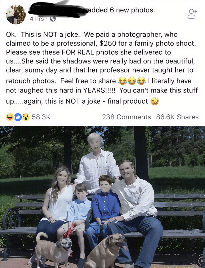 Family photo fail with distorted faces and dogs outdoors on a sunny day showing a there was an attempt fail pics moment.