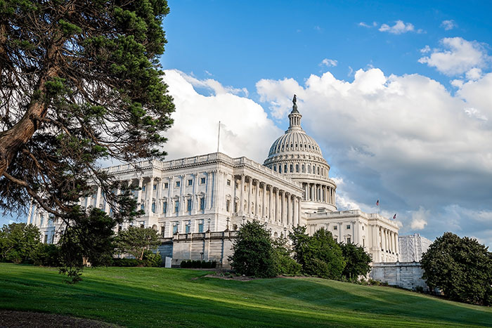 United States Capitol building with trees and grassy lawn under a blue sky, symbolizing metal detectors at school security.