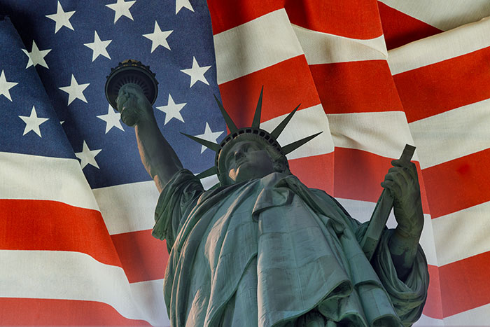 Statue of Liberty in front of an American flag, symbolizing quintessentially American things including metal detectors at school.