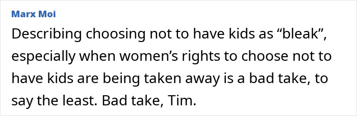 Text post by Marx Moi criticizing Timothée Chalamet’s comments on choosing not to have kids and women’s rights. Text post by Marx Moi criticizing Timothée Chalamet’s comments on choosing not to have kids and women’s rights.