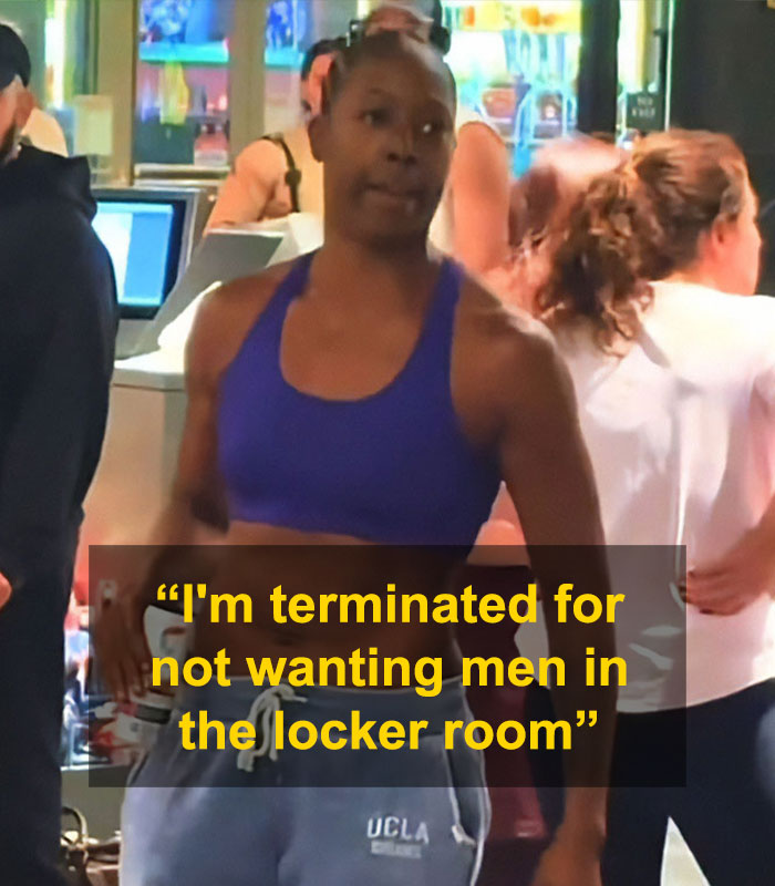 Woman in gym attire confronting alleged trans woman in ladies&rsquo; room causing uproar over removal from gym.