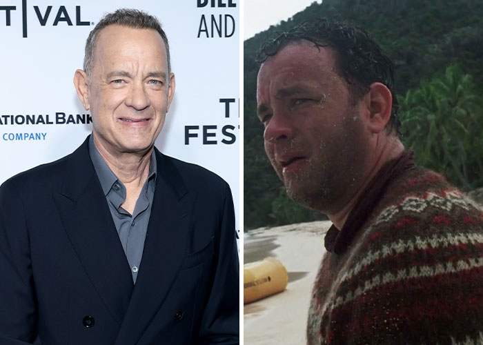 Actor Tom Hanks smiling at a film event and a scene of him pushing himself to the extreme in a survival movie role.