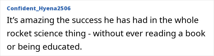 Screenshot of a comment discussing Elon Musk&rsquo;s success in rocket science without formal education or reading books.
