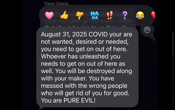 Text message from a MIL calling COVID evil and unwelcome, one of the unhinged texts causing women to consider blocking.