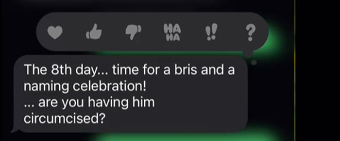 Unhinged text from a MIL asking about circumcision during a naming celebration, prompting reaction to block the sender.