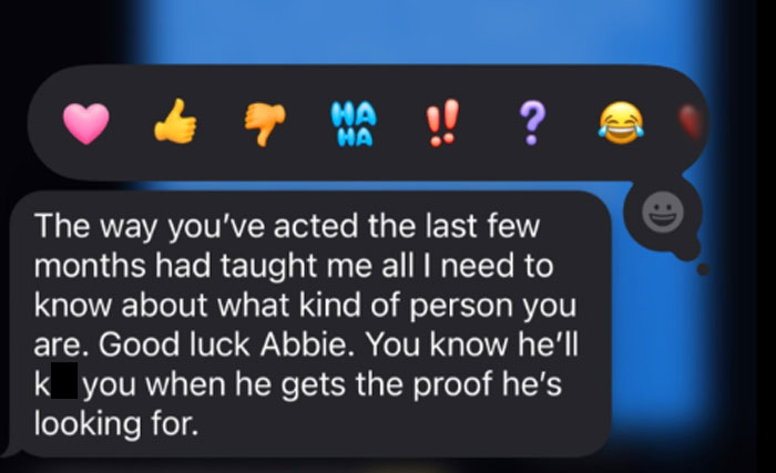 Screenshot of an unhinged text message from a MIL with emojis, illustrating crazy messages that made women want to block.