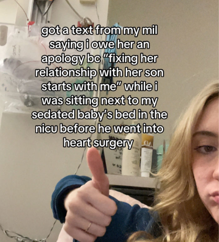 Woman giving thumbs up next to baby's NICU bed with unhinged text from MIL about fixing her relationship with son.